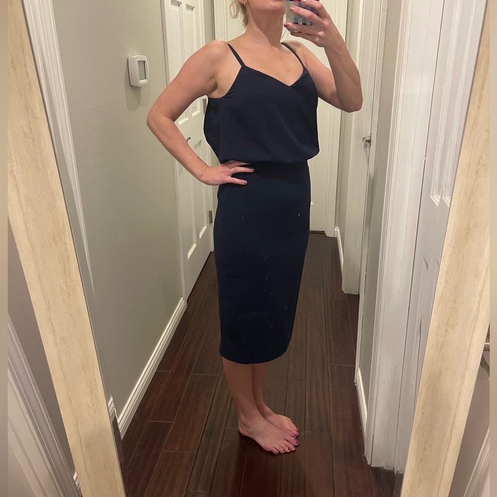 Dress The Population Elegant Navy Blue Midi Dress - Picture 2 of 6